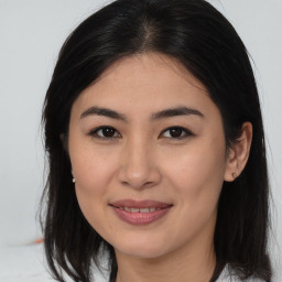 Joyful white young-adult female with medium  brown hair and brown eyes