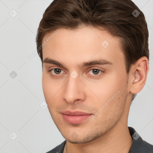 Neutral white young-adult male with short  brown hair and brown eyes