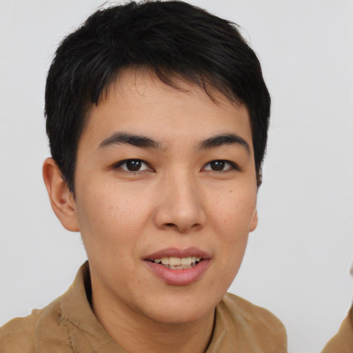 Joyful asian young-adult female with short  brown hair and brown eyes