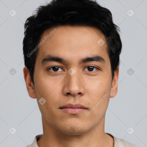 Neutral asian young-adult male with short  black hair and brown eyes