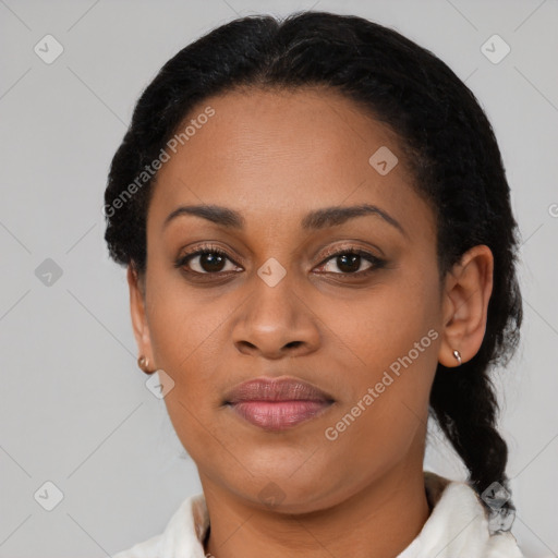 Joyful latino young-adult female with short  black hair and brown eyes