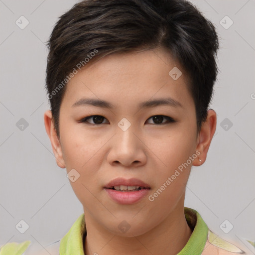 Joyful asian young-adult female with short  brown hair and brown eyes