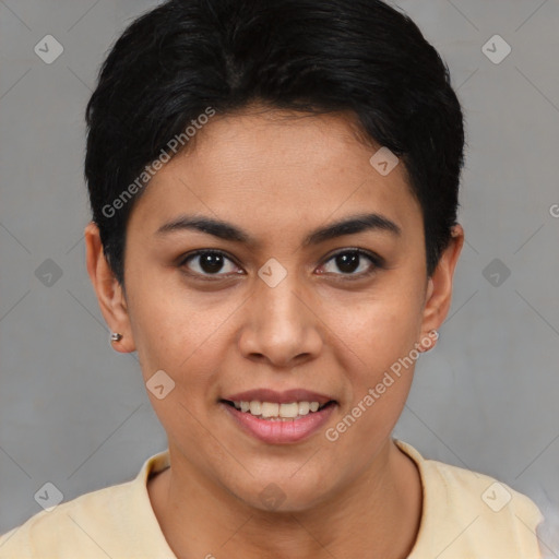 Joyful latino young-adult female with short  brown hair and brown eyes