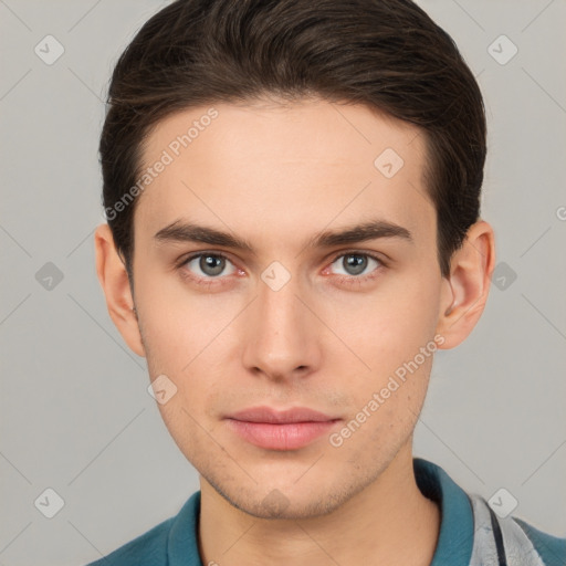 Neutral white young-adult male with short  brown hair and brown eyes