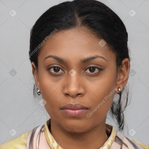 Neutral latino young-adult female with medium  brown hair and brown eyes