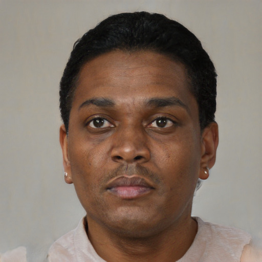 Neutral black young-adult male with short  black hair and brown eyes
