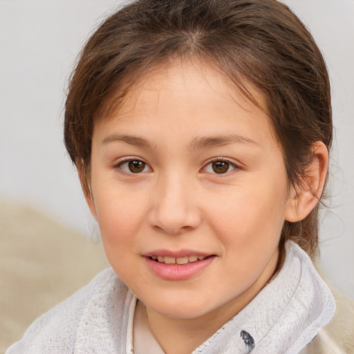 Joyful white child female with medium  brown hair and brown eyes