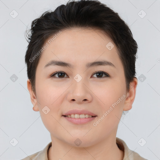 Joyful asian young-adult female with short  brown hair and brown eyes