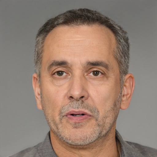 Neutral white middle-aged male with short  black hair and brown eyes