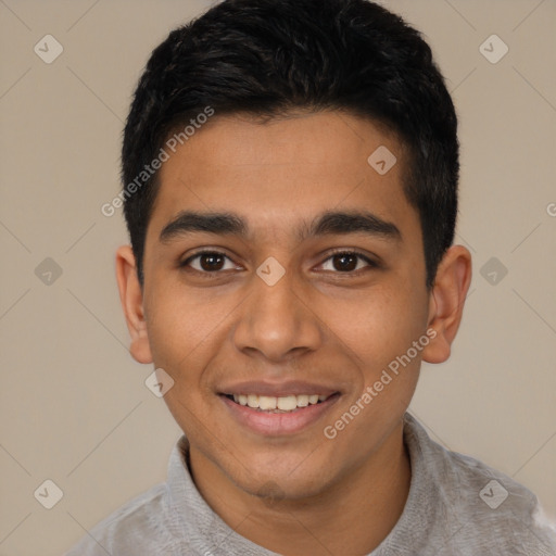 Joyful latino young-adult male with short  black hair and brown eyes