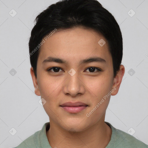 Joyful asian young-adult female with short  brown hair and brown eyes