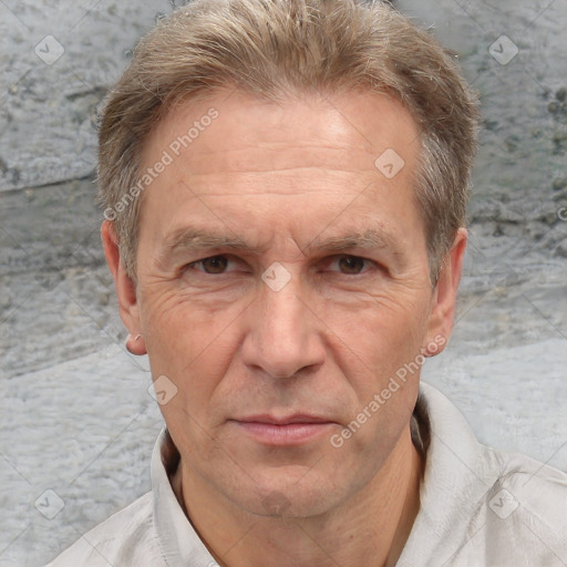 Joyful white middle-aged male with short  brown hair and brown eyes