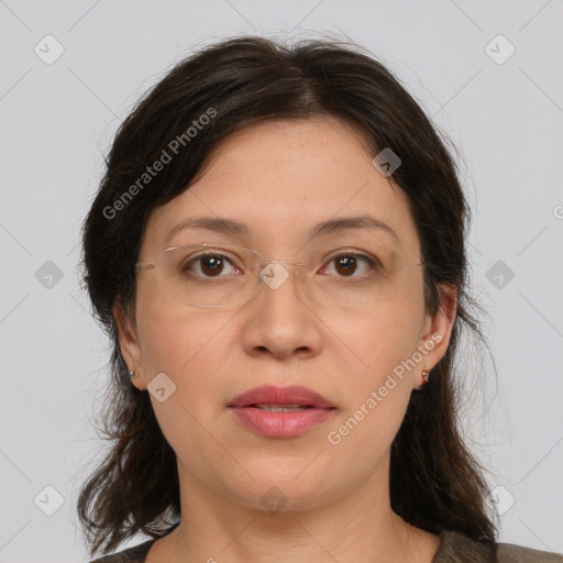 Joyful white adult female with medium  brown hair and brown eyes