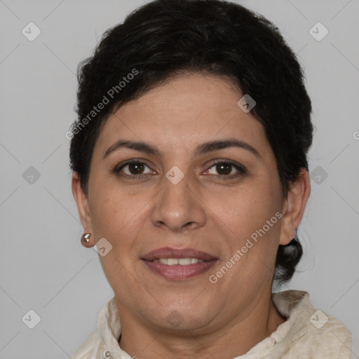 Joyful white adult female with short  brown hair and brown eyes