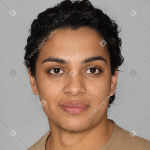 Joyful latino young-adult female with short  black hair and brown eyes