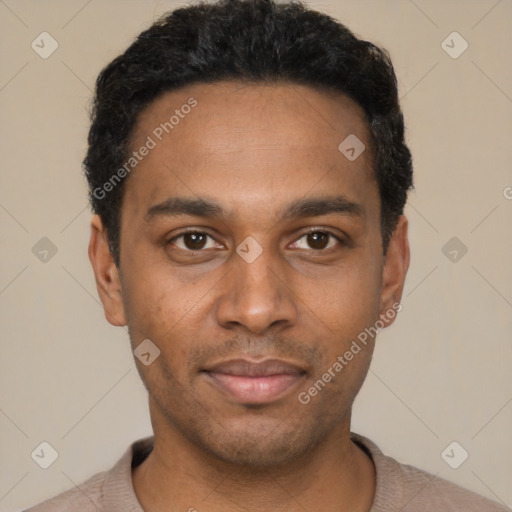 Neutral black young-adult male with short  black hair and brown eyes