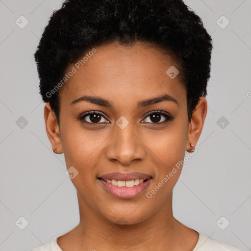 Joyful latino young-adult female with short  black hair and brown eyes