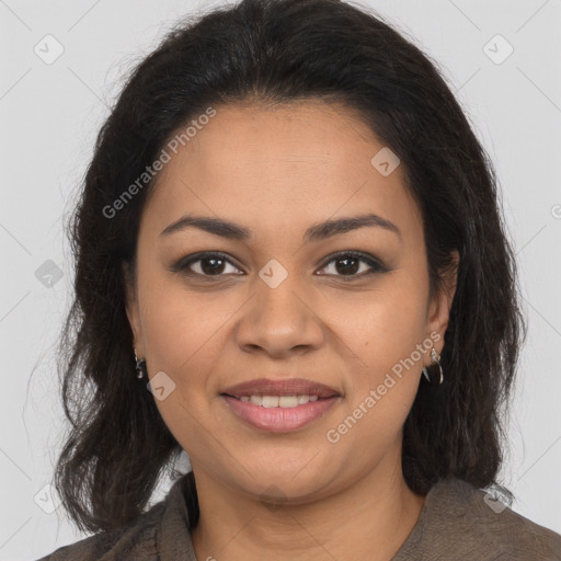 Joyful latino young-adult female with long  brown hair and brown eyes