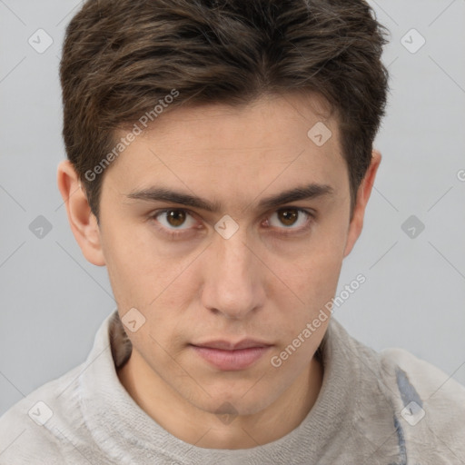 Neutral white young-adult male with short  brown hair and brown eyes