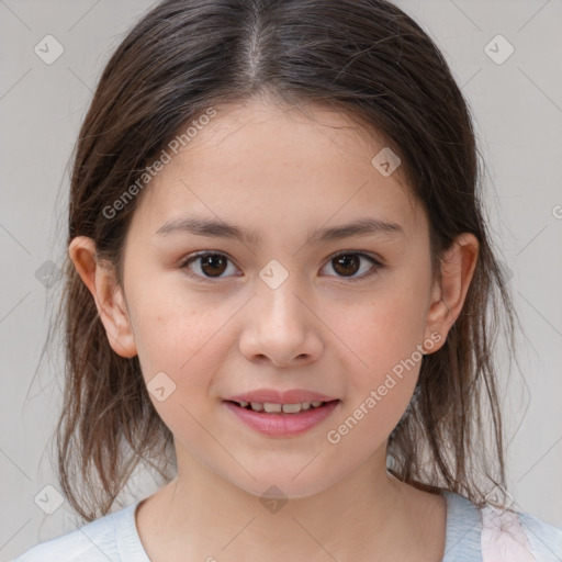 Joyful white child female with medium  brown hair and brown eyes