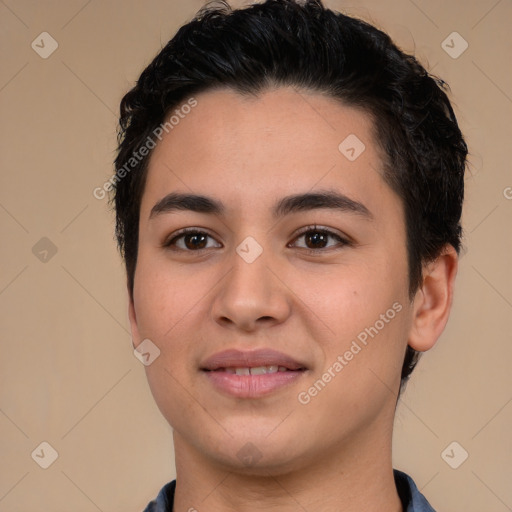 Joyful white young-adult male with short  black hair and brown eyes