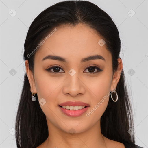 Joyful white young-adult female with long  brown hair and brown eyes