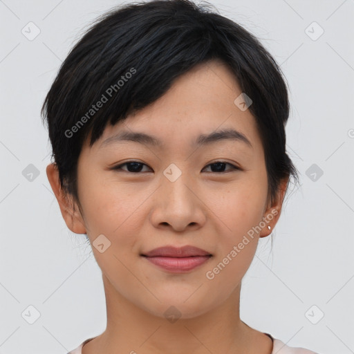 Joyful asian young-adult female with short  black hair and brown eyes