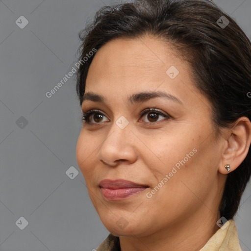 Joyful white adult female with medium  brown hair and brown eyes