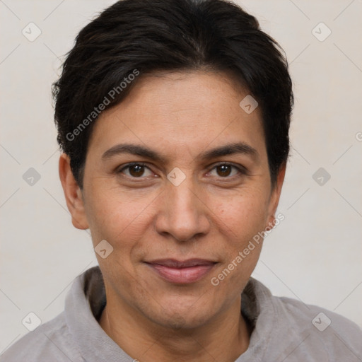 Joyful white adult female with short  brown hair and brown eyes