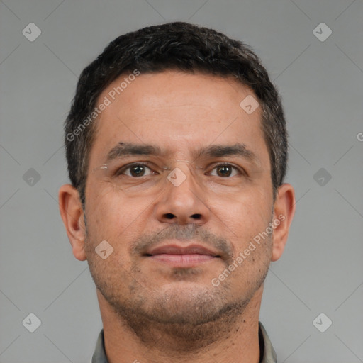 Neutral white adult male with short  brown hair and brown eyes
