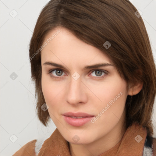 Neutral white young-adult female with medium  brown hair and brown eyes