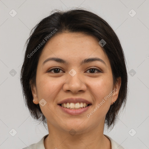 Joyful white young-adult female with medium  brown hair and brown eyes