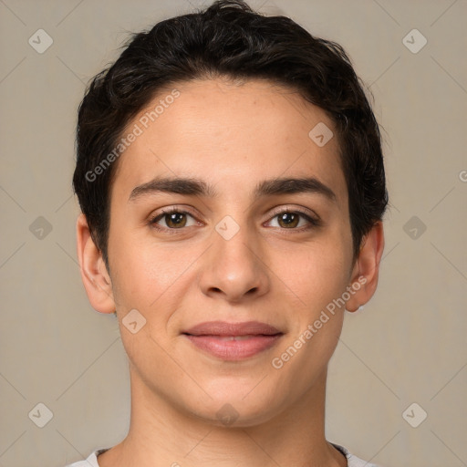 Joyful white young-adult female with short  brown hair and brown eyes