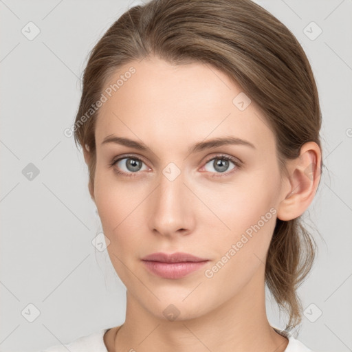 Neutral white young-adult female with medium  brown hair and grey eyes