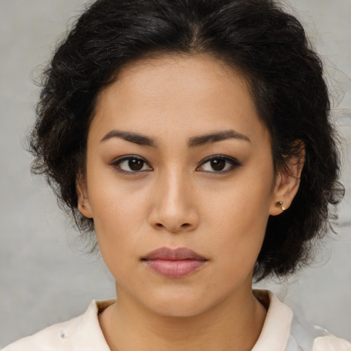 Neutral asian young-adult female with medium  brown hair and brown eyes