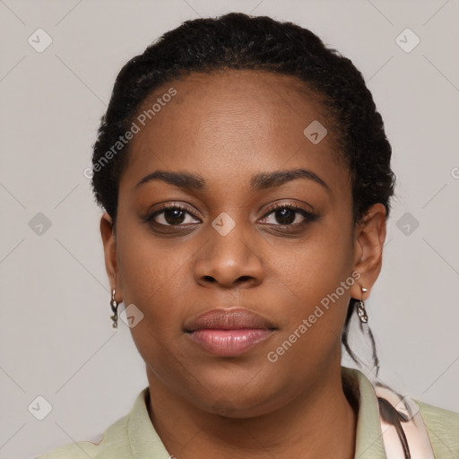 Neutral black young-adult female with short  black hair and brown eyes