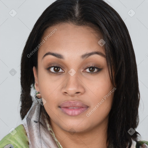 Joyful latino young-adult female with long  brown hair and brown eyes