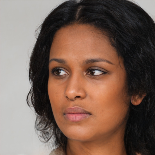 Neutral asian young-adult female with long  black hair and brown eyes