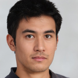 Neutral asian young-adult male with short  brown hair and brown eyes