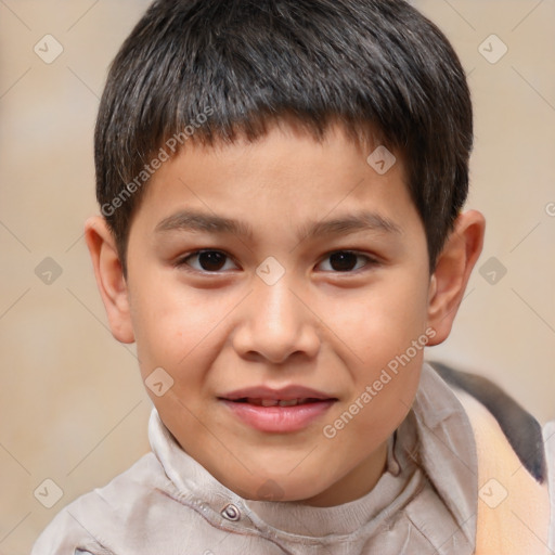 Joyful white child male with short  brown hair and brown eyes