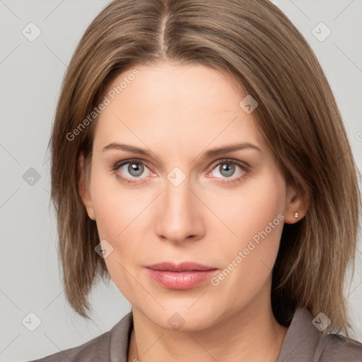 Neutral white young-adult female with medium  brown hair and grey eyes