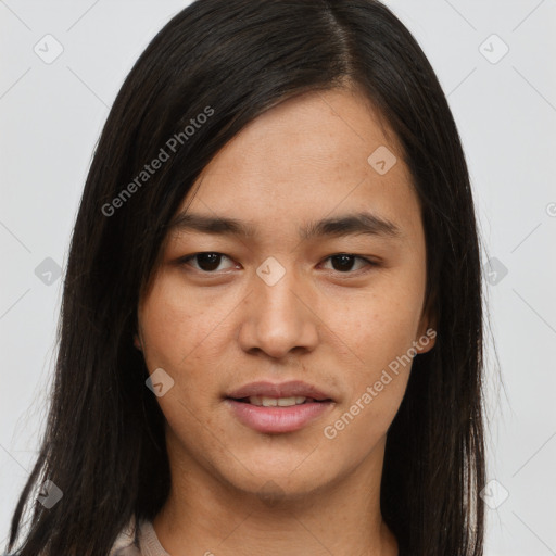 Joyful asian young-adult female with long  brown hair and brown eyes