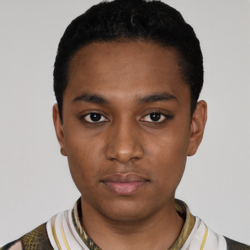 Neutral black young-adult male with short  black hair and brown eyes