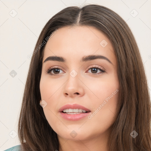 Neutral white young-adult female with long  brown hair and brown eyes