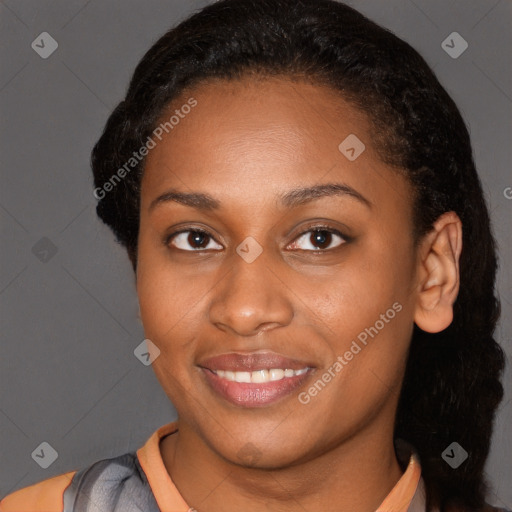 Joyful latino young-adult female with short  brown hair and brown eyes