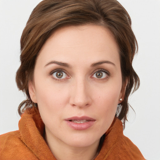 Neutral white young-adult female with medium  brown hair and brown eyes