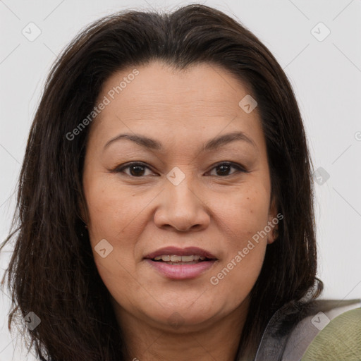 Joyful white adult female with medium  brown hair and brown eyes