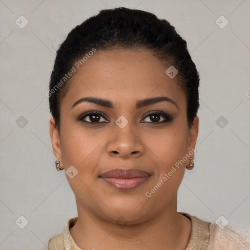 Joyful latino young-adult female with short  brown hair and brown eyes