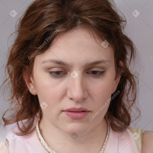 Neutral white young-adult female with medium  brown hair and blue eyes