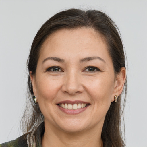 Joyful white adult female with long  brown hair and brown eyes